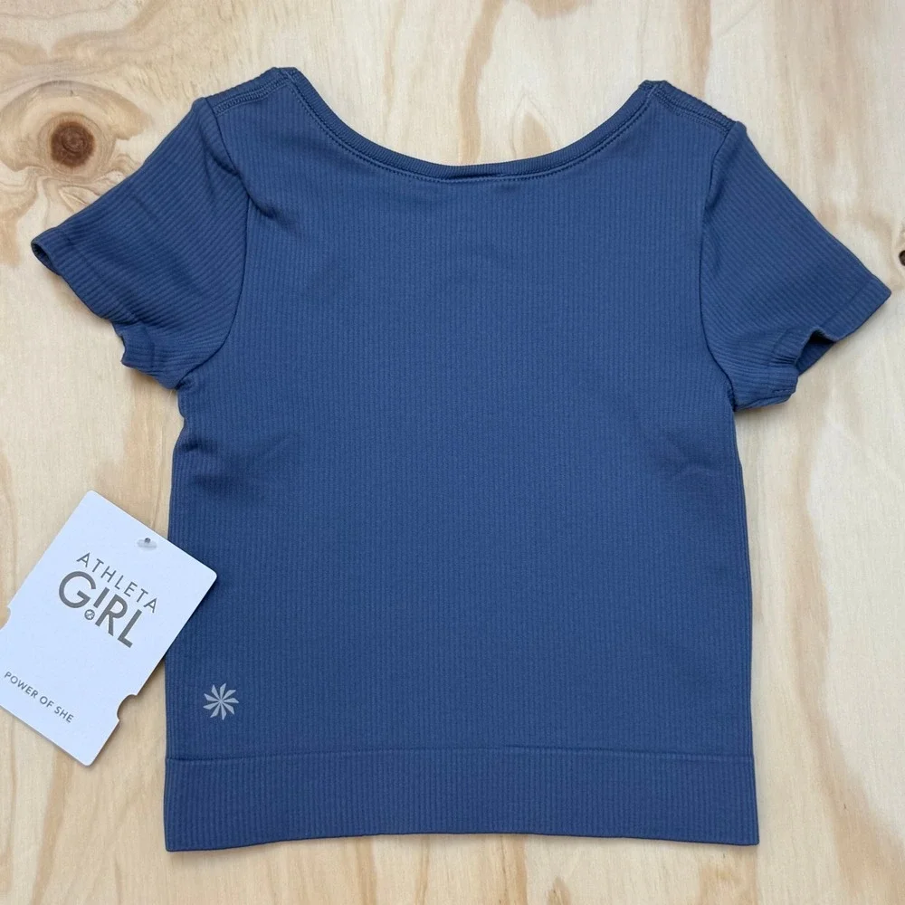 Athleta Girl Rise Above Rib Crop Tee Blue Seamless Short Sleeve Size S 7 NEW